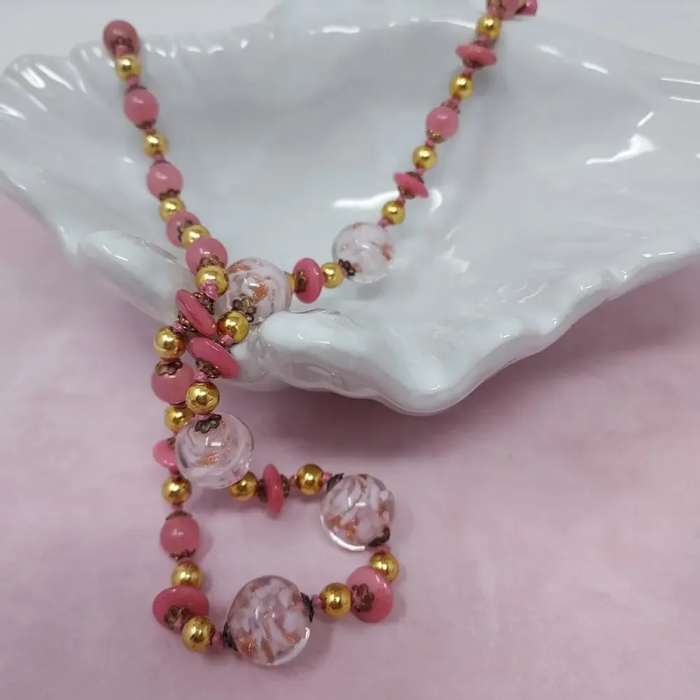 Vintage Pink Art Glass Mixed Bead Necklace Hand Knotted Gold Tone Push Clasp 23